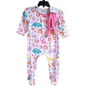 Mud Pie Pink Bamboo Dino Sleeper Footie and Headband Set Size 3-6 Month Dinosaur